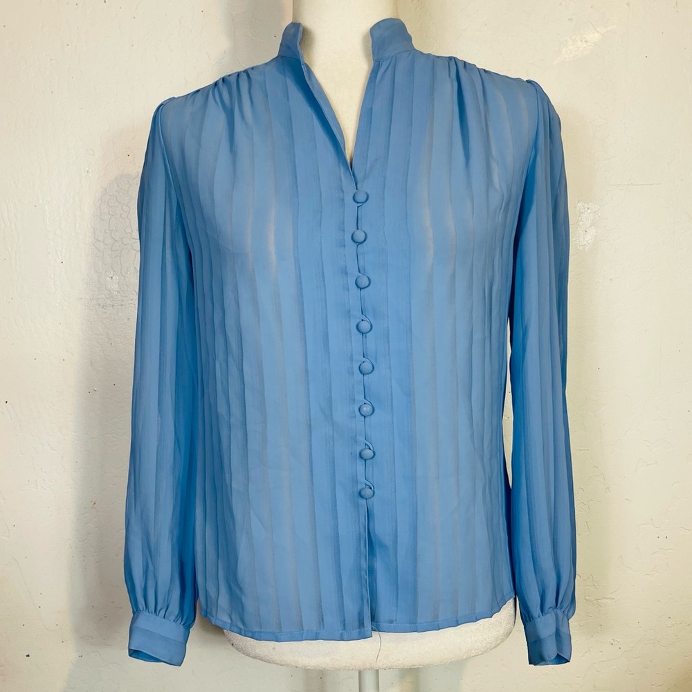 Vintage 70s 80s JC Penney Size 8 Button Down Sheer Blouse Top Light Blue Button